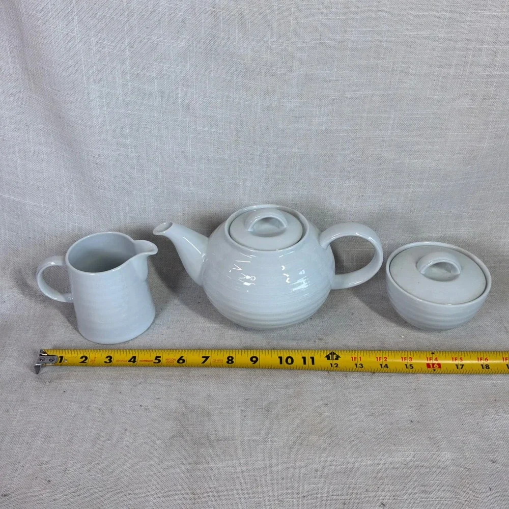 Crate & Barrel Spal White Ribbed Porcelain Tea Set Teapot Creamer Sugar Portugal